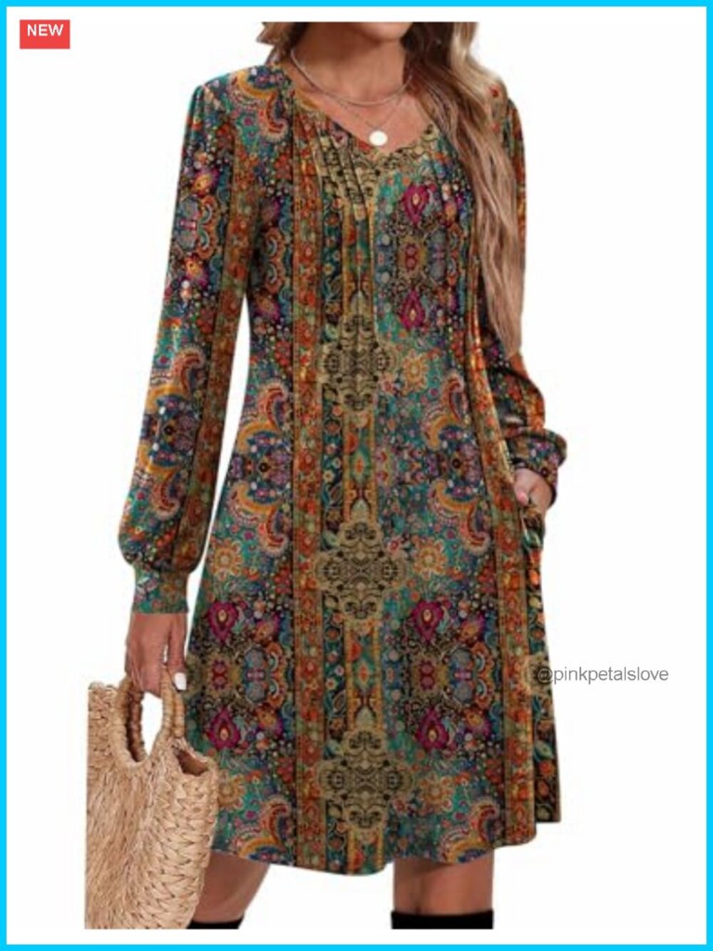 Zeagoo Women's Long Sleeve Pleated V Neck A Line Tunic Dress